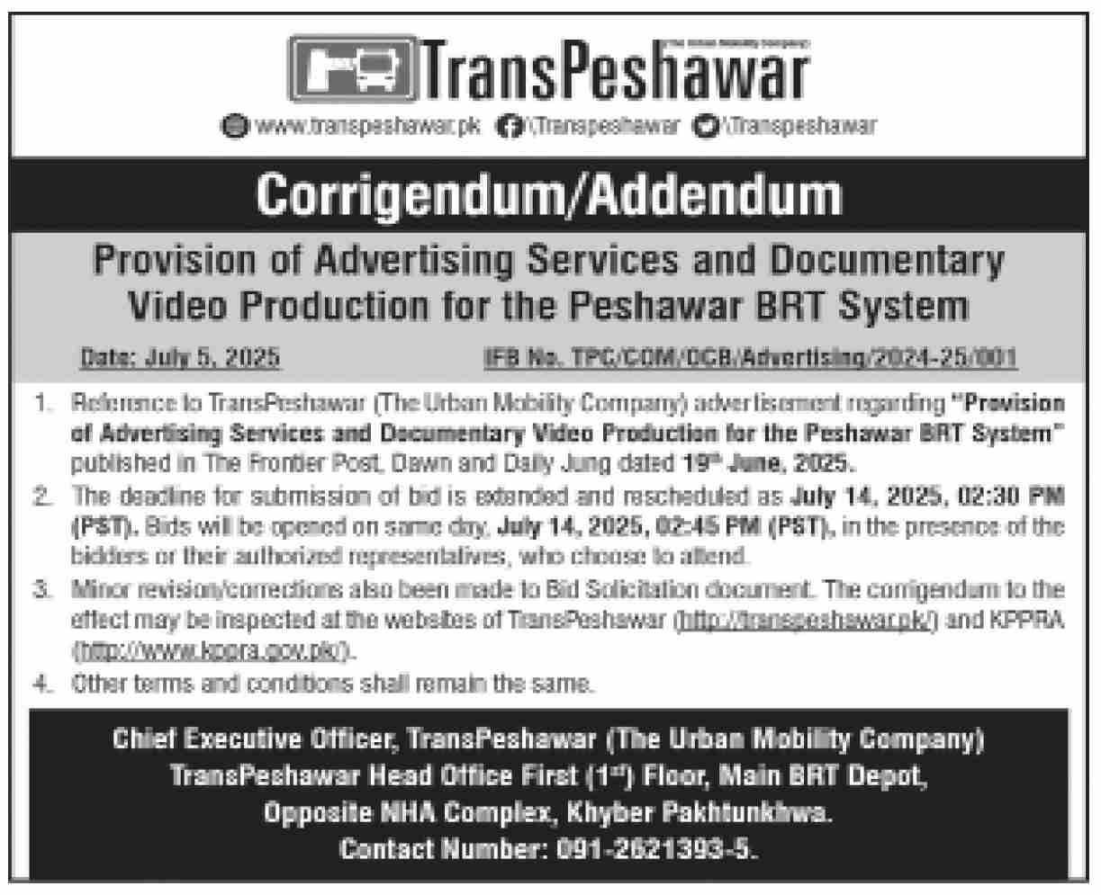 TransPeshawar Tender Notice